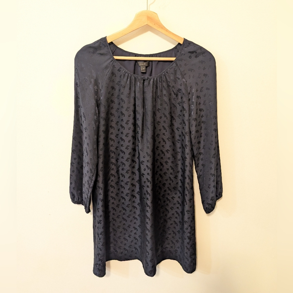 J.Crew Navy Blue Paisley Patterned 100% Silk Long Sleeve Above The Knee Dress 4